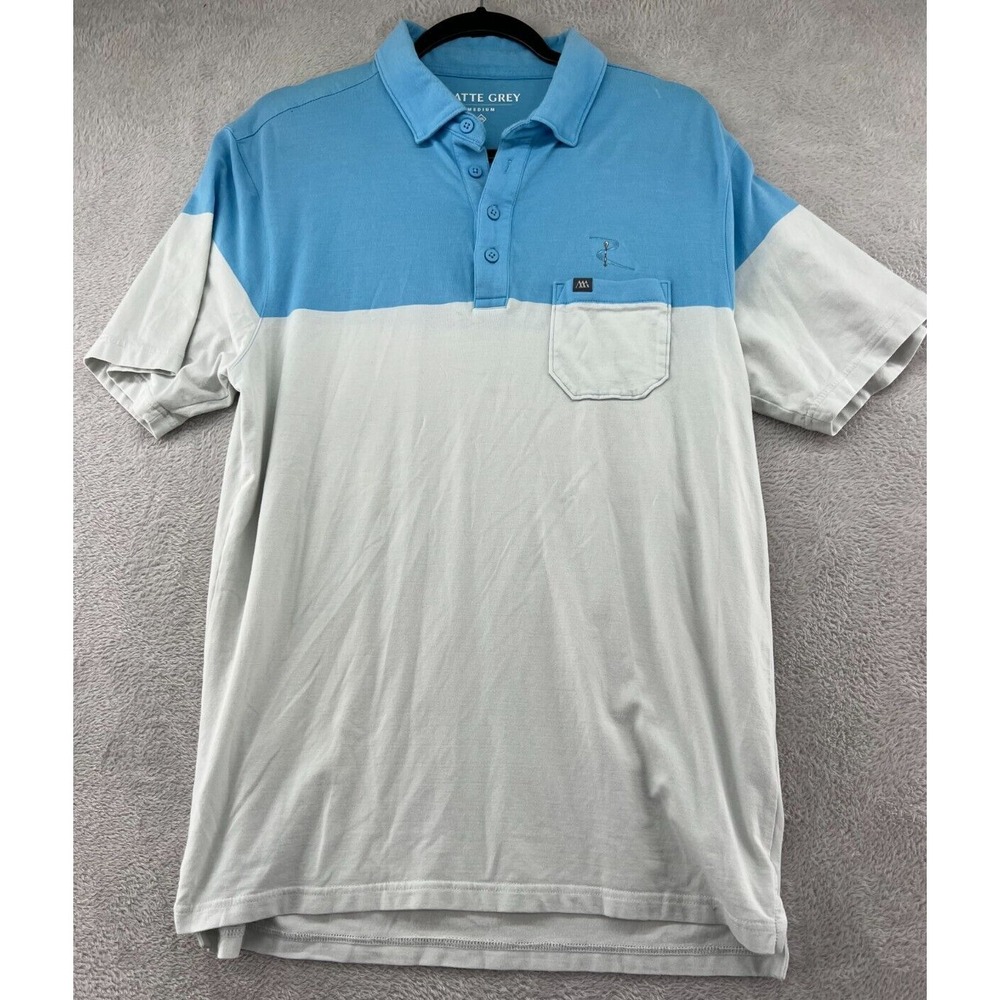 Matte Grey Polo Shirt Mens Sz M Colorblock Golf Blue Grey Short Sleeve Pocket